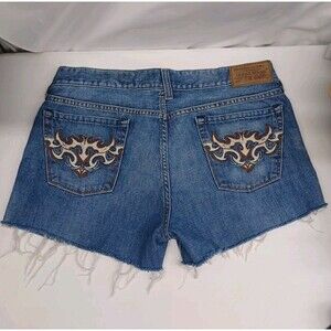 Guess Shorts Blue Denim Cut Off Women's Sz 34 Distressed Embroidery Pockets